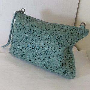 Danier Genuine Leather Laser Cut Clutch  Handbag Wristlet  Ocean Blue color